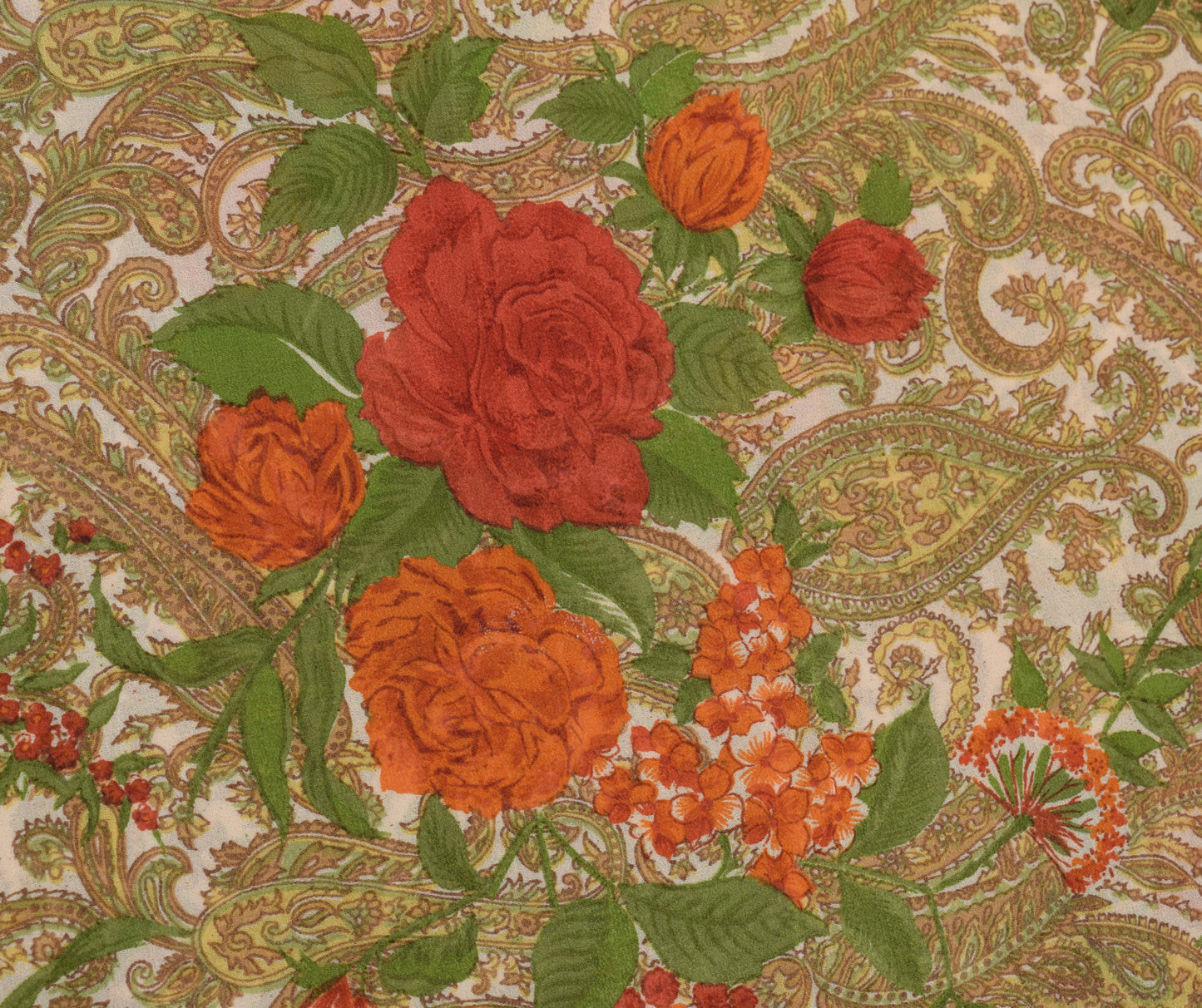 Sushila Vintage Cream Saree 100%Pure Georgette Silk Printed Paisley Craft Fabric