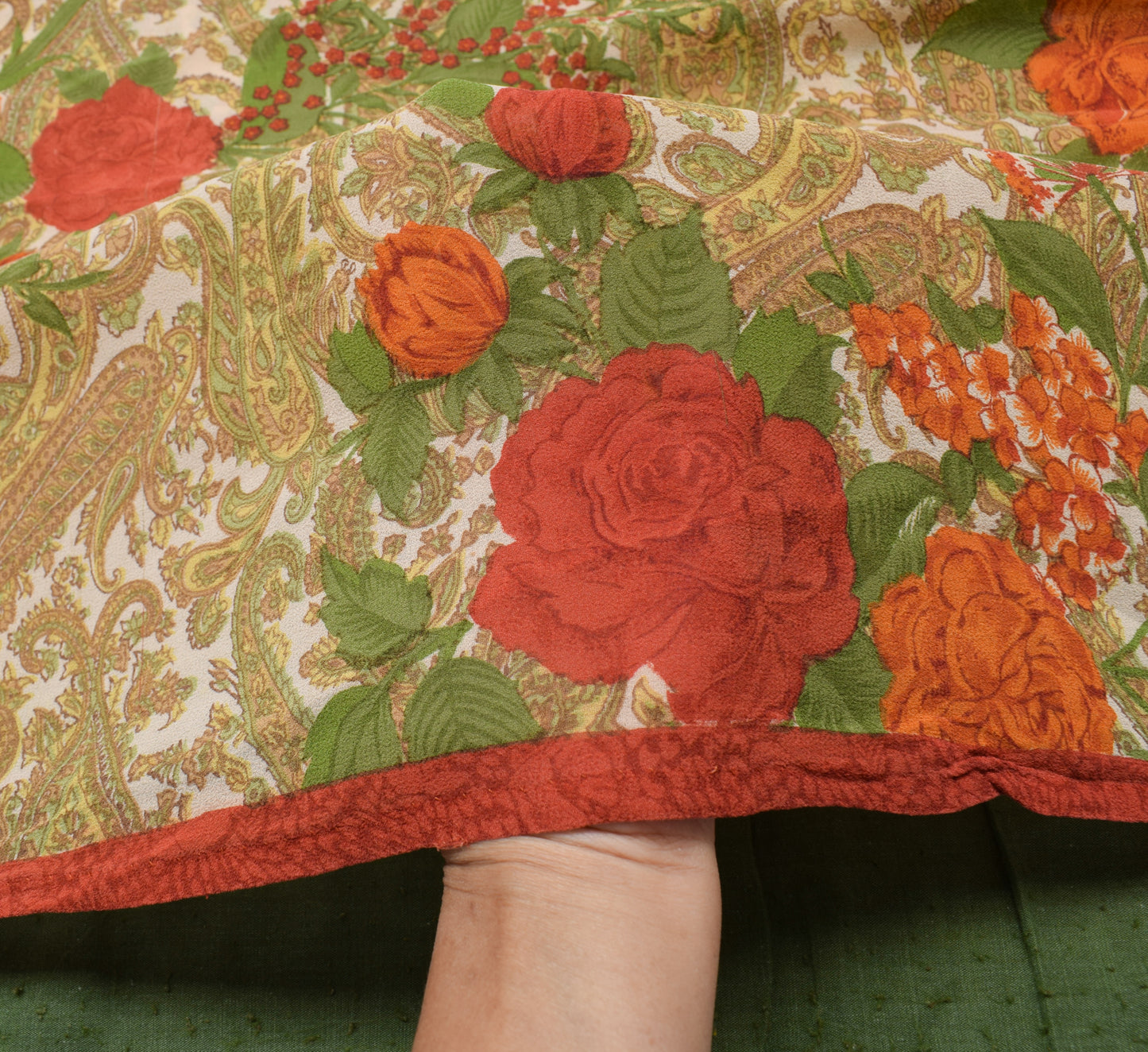 Sushila Vintage Cream Saree 100%Pure Georgette Silk Printed Paisley Craft Fabric