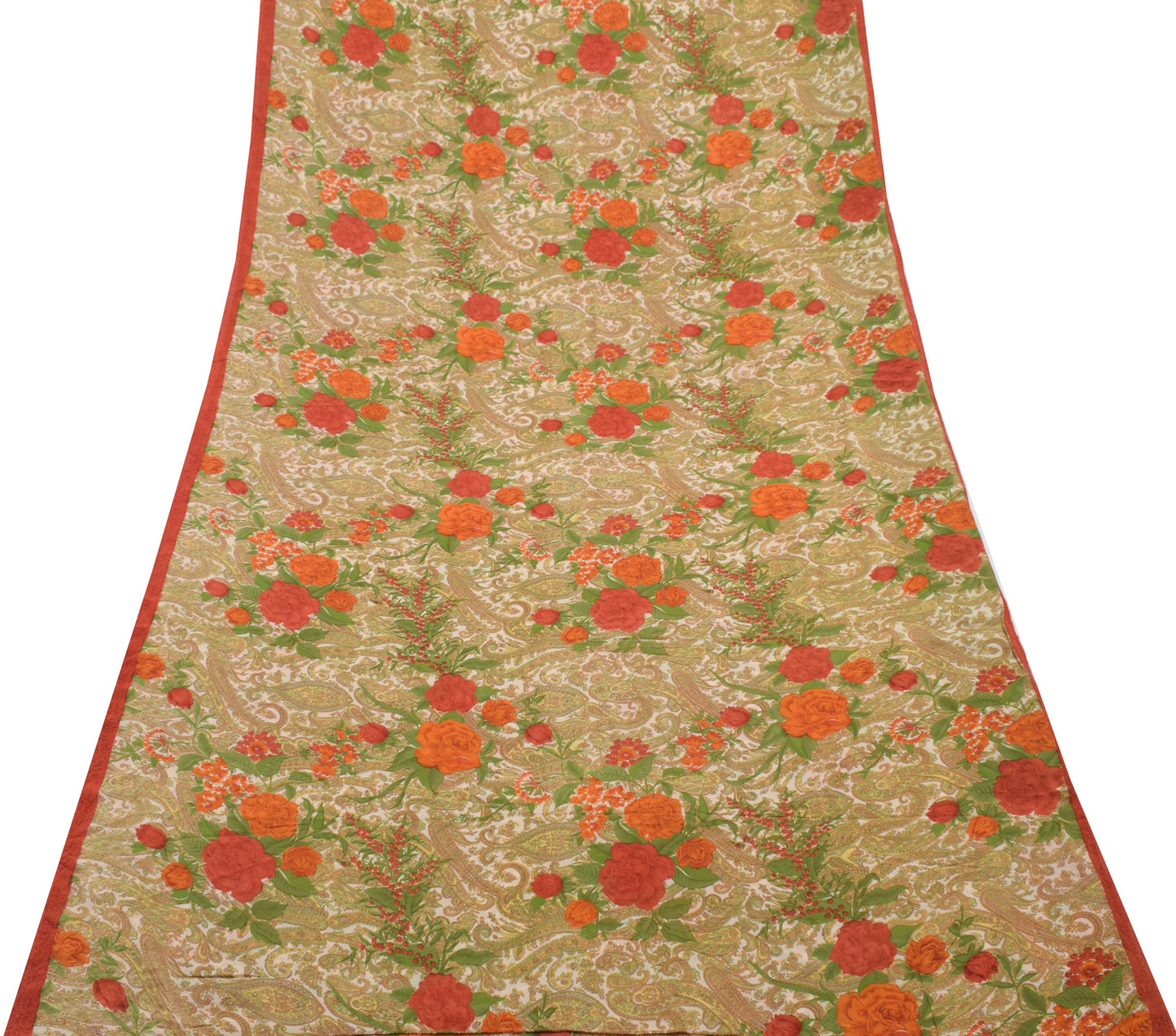 Sushila Vintage Cream Saree 100%Pure Georgette Silk Printed Paisley Craft Fabric