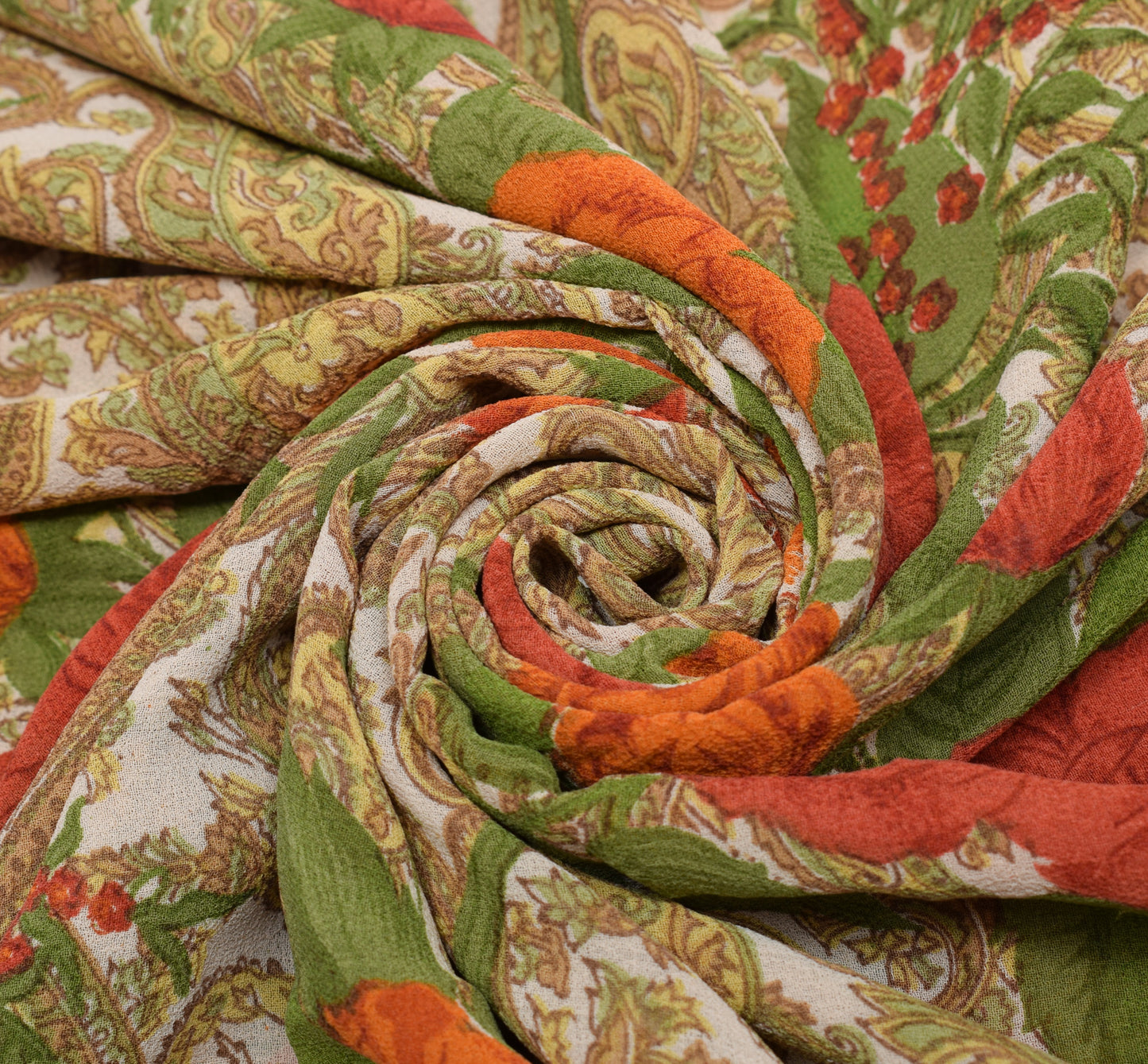 Sushila Vintage Cream Saree 100%Pure Georgette Silk Printed Paisley Craft Fabric