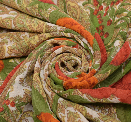 Sushila Vintage Cream Saree 100%Pure Georgette Silk Printed Paisley Craft Fabric