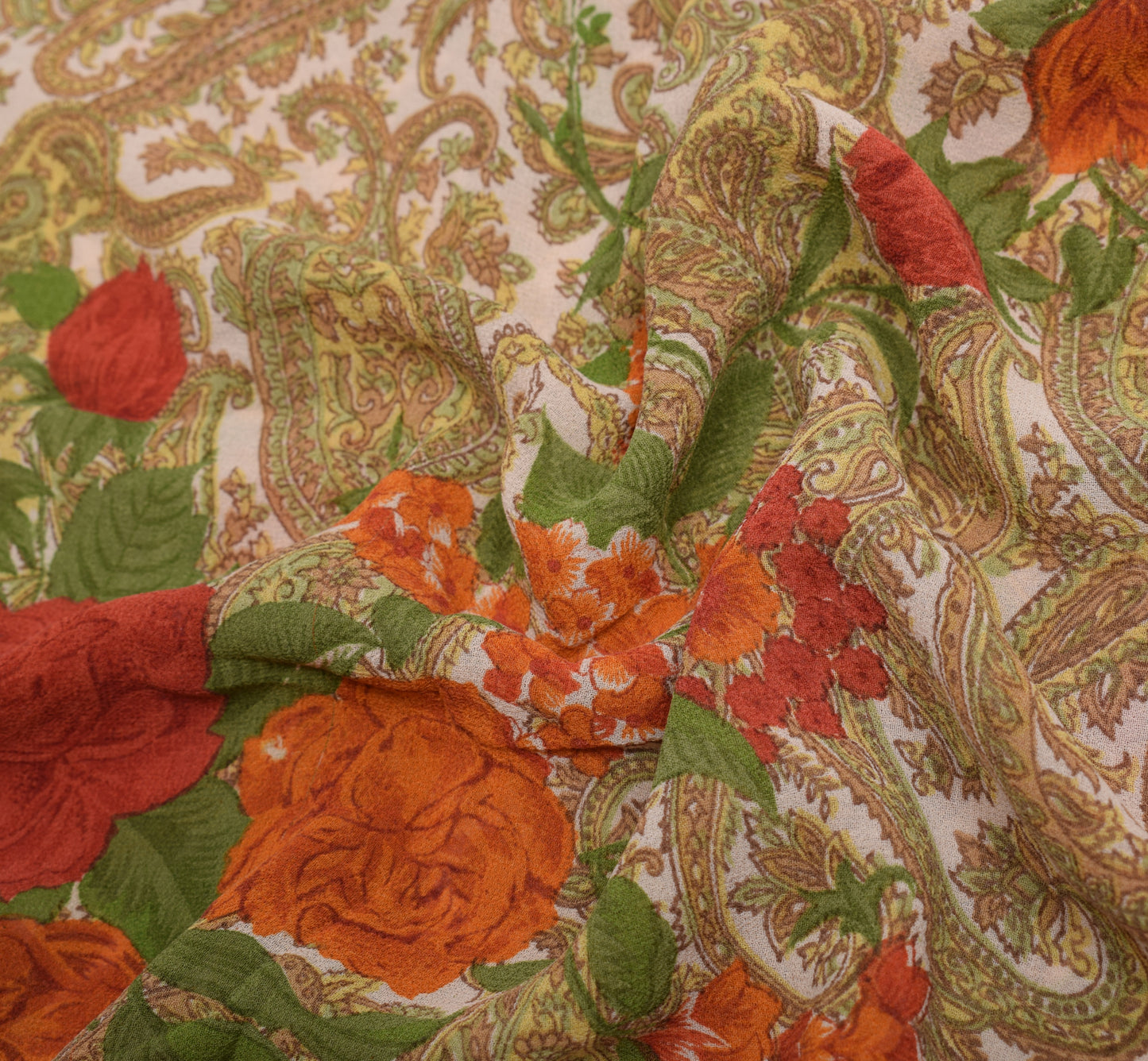 Sushila Vintage Cream Saree 100%Pure Georgette Silk Printed Paisley Craft Fabric