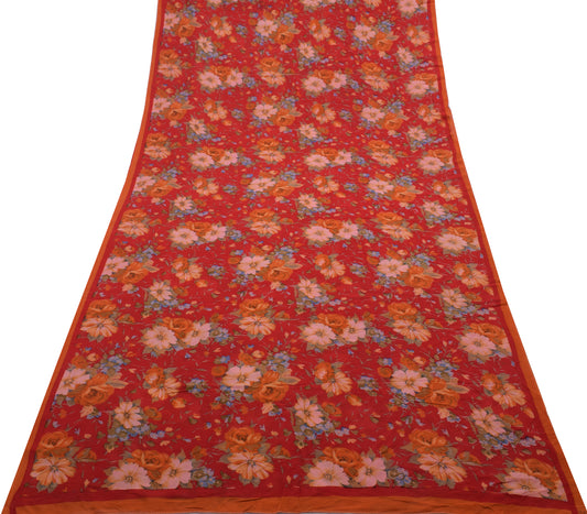 Sushila Vintage Red Saree 100% Pure Georgette Silk Printed Floral Craft Fabric
