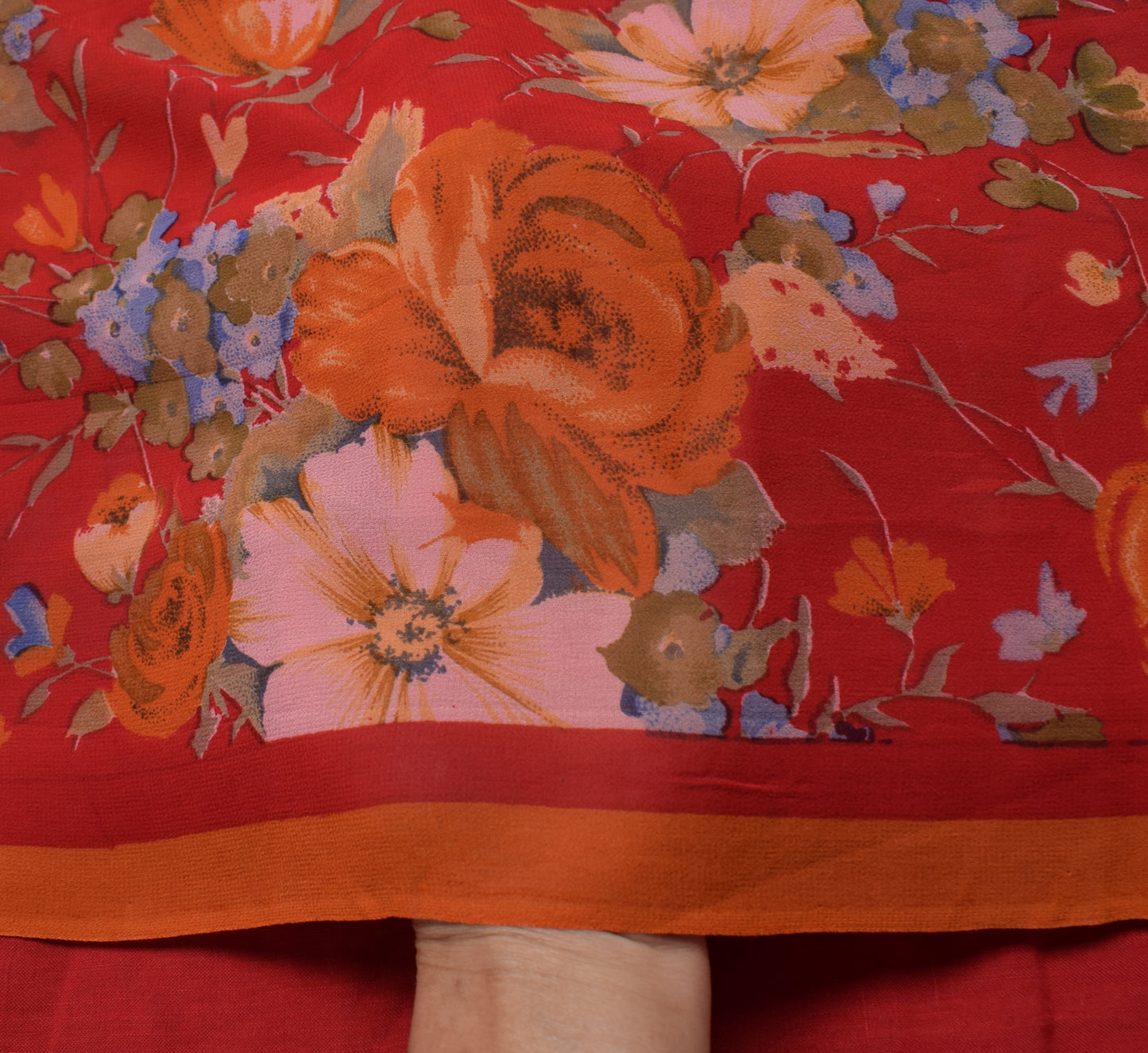 Sushila Vintage Red Saree 100% Pure Georgette Silk Printed Floral Craft Fabric