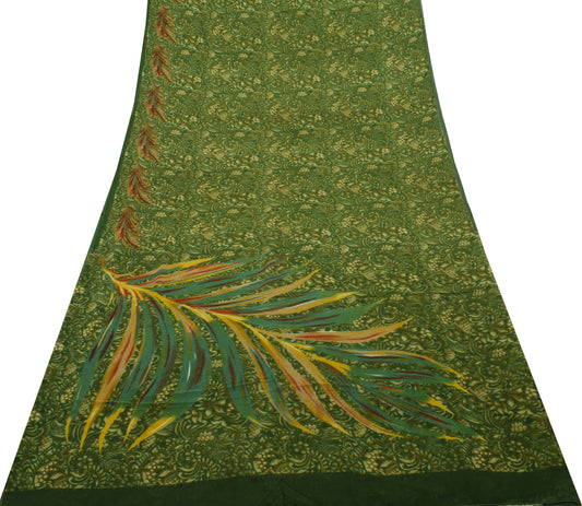Sushila Vintage Green Saree 100% Pure Georgette Silk Printed Floral Craft Fabric
