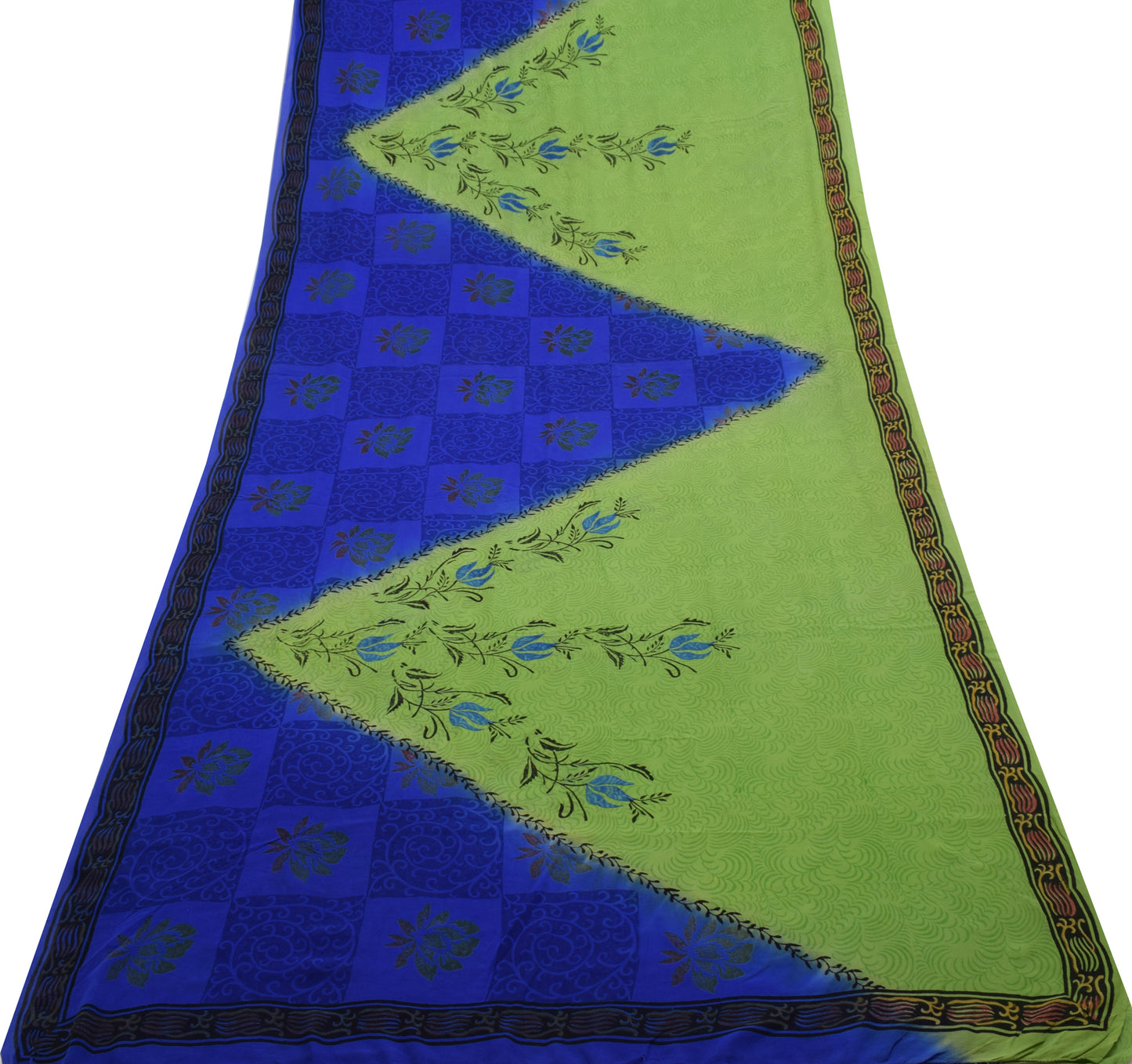 Sushila Vintage Green & Blue Saree 100% Pure Georgette Silk Printed Craft Fabric