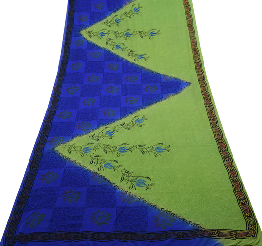 Sushila Vintage Green & Blue Saree 100% Pure Georgette Silk Printed Craft Fabric