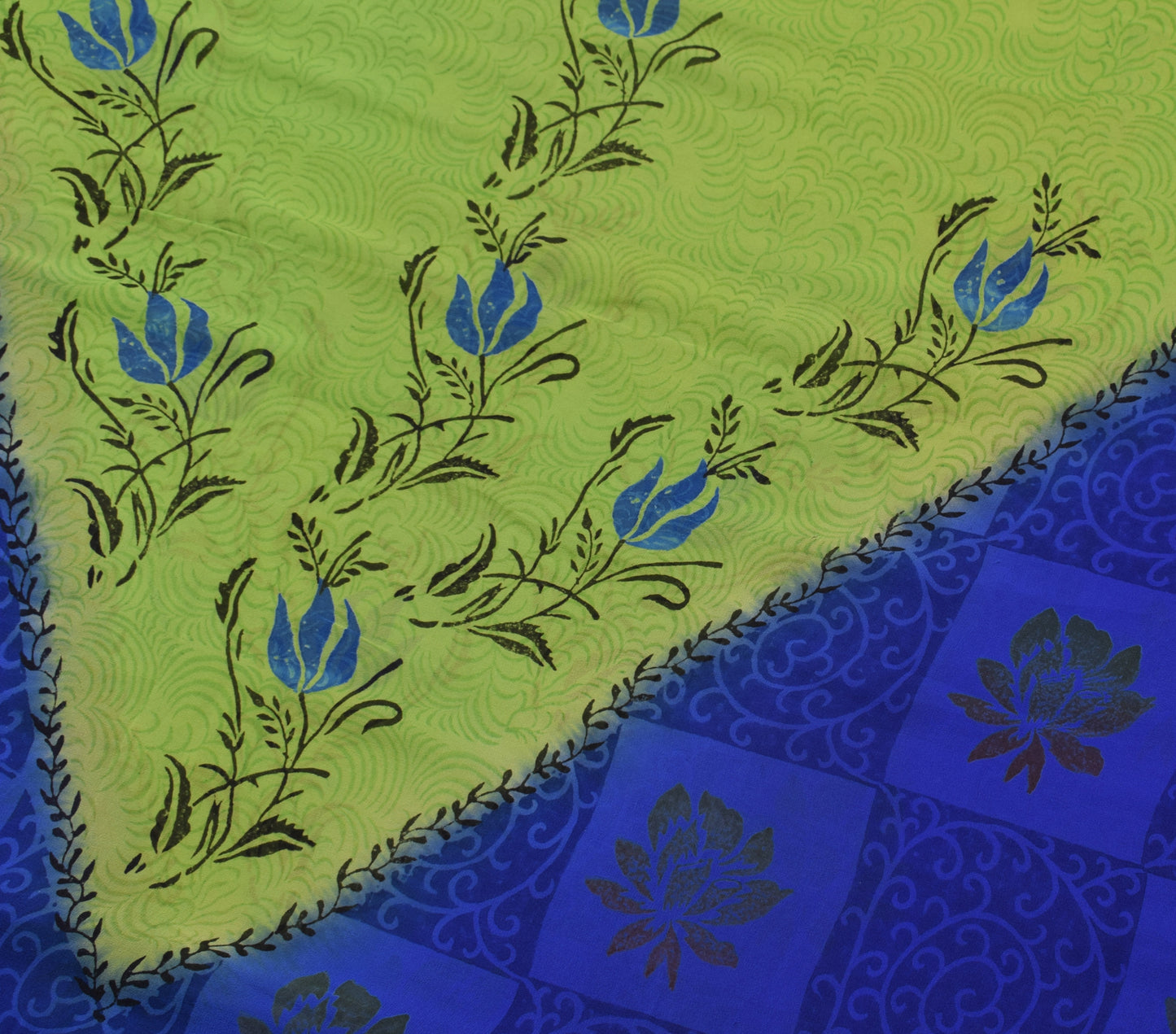 Sushila Vintage Green & Blue Saree 100% Pure Georgette Silk Printed Craft Fabric