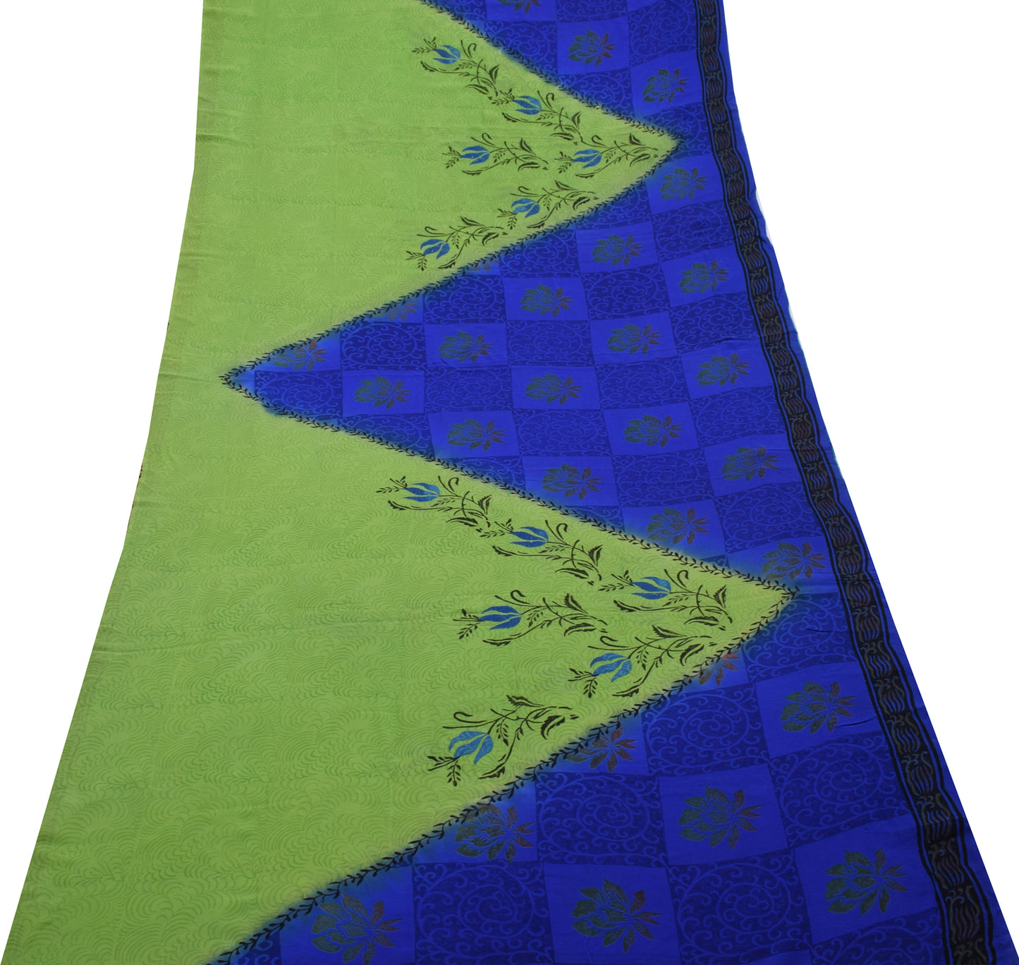 Sushila Vintage Green & Blue Saree 100% Pure Georgette Silk Printed Craft Fabric
