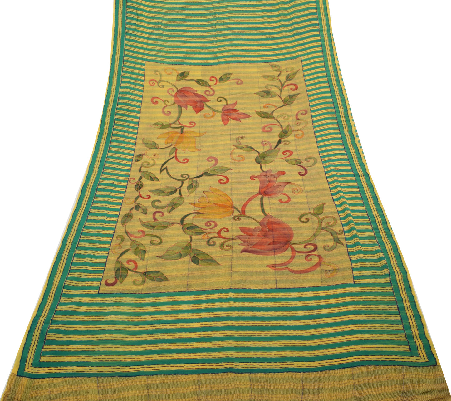 Sushila Vintage Yellow Saree 100%Pure Georgette Silk Printed Strips Craft Fabric