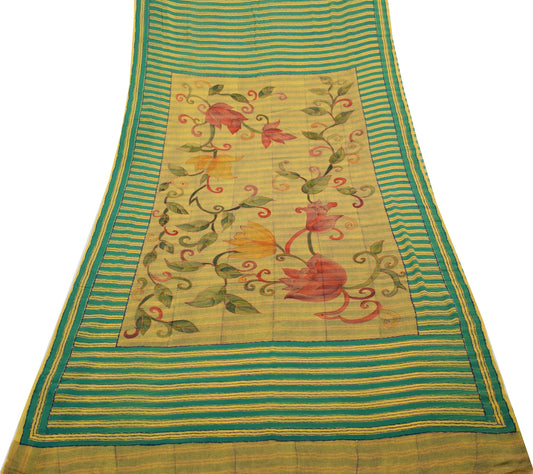 Sushila Vintage Yellow Saree 100%Pure Georgette Silk Printed Strips Craft Fabric