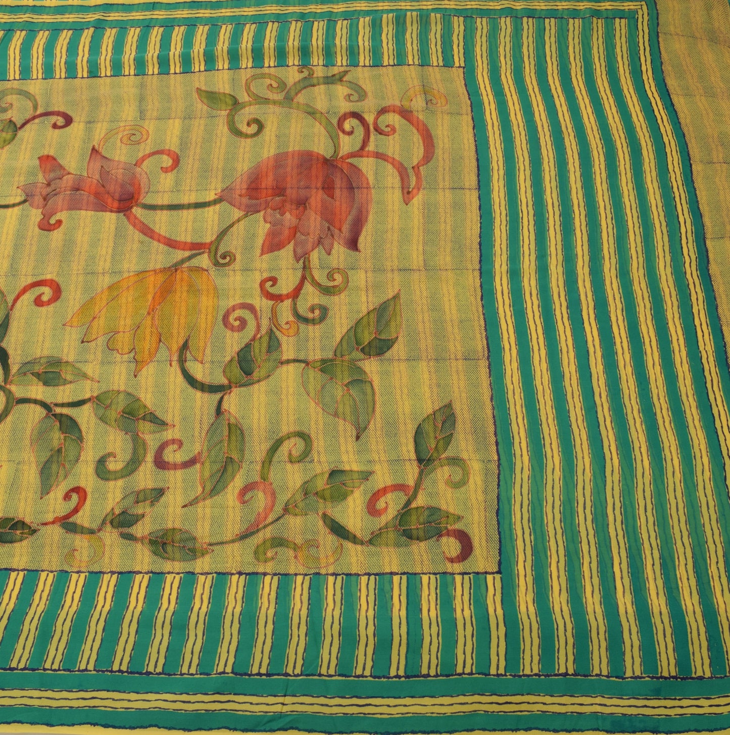 Sushila Vintage Yellow Saree 100%Pure Georgette Silk Printed Strips Craft Fabric