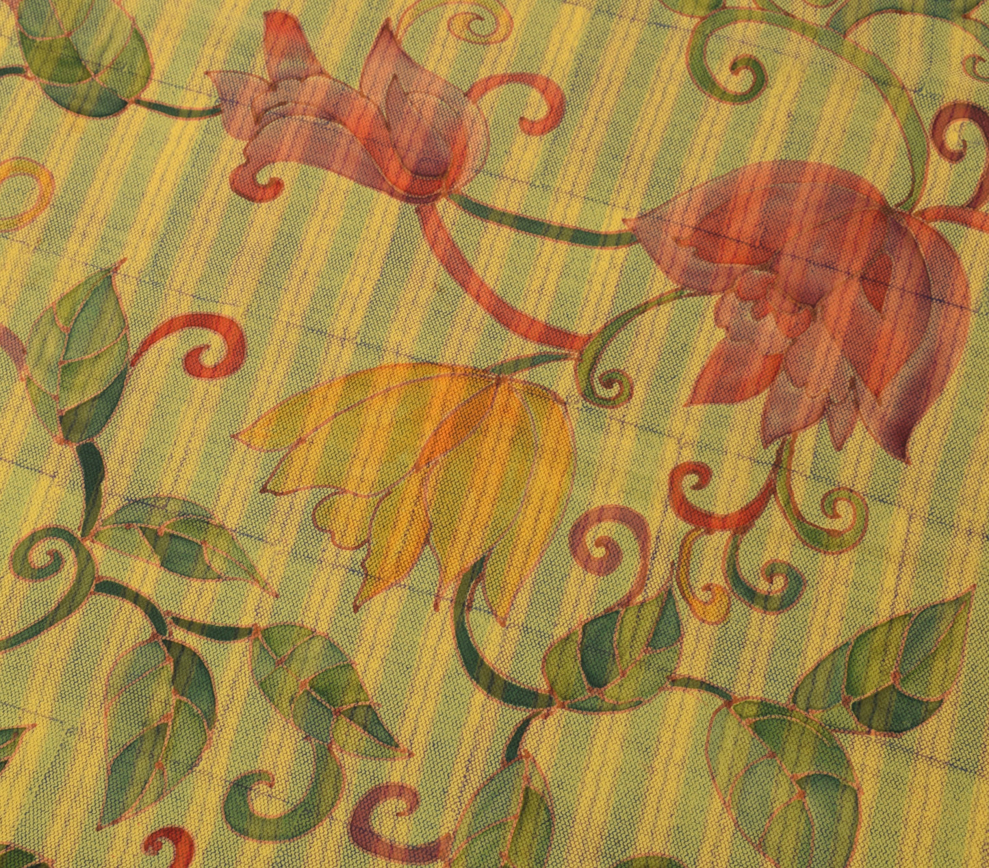 Sushila Vintage Yellow Saree 100%Pure Georgette Silk Printed Strips Craft Fabric