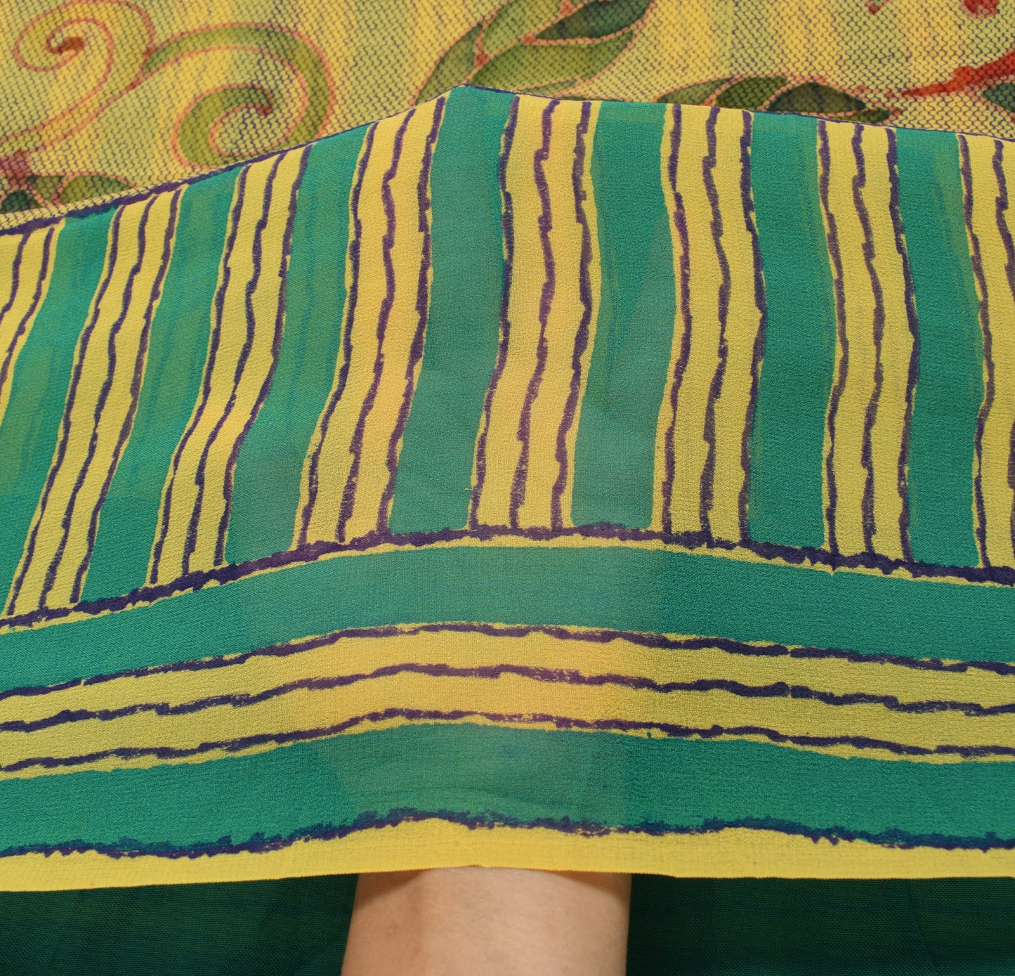 Sushila Vintage Yellow Saree 100%Pure Georgette Silk Printed Strips Craft Fabric