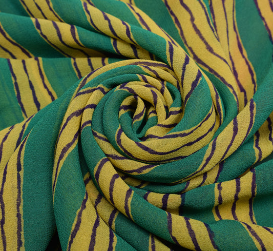 Sushila Vintage Yellow Saree 100%Pure Georgette Silk Printed Strips Craft Fabric