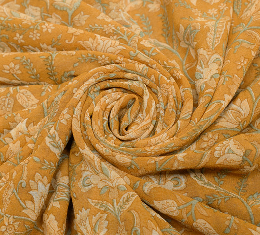 Sushila Vintage Mustard Saree Blend Georgette Silk Printed Floral Craft Fabric