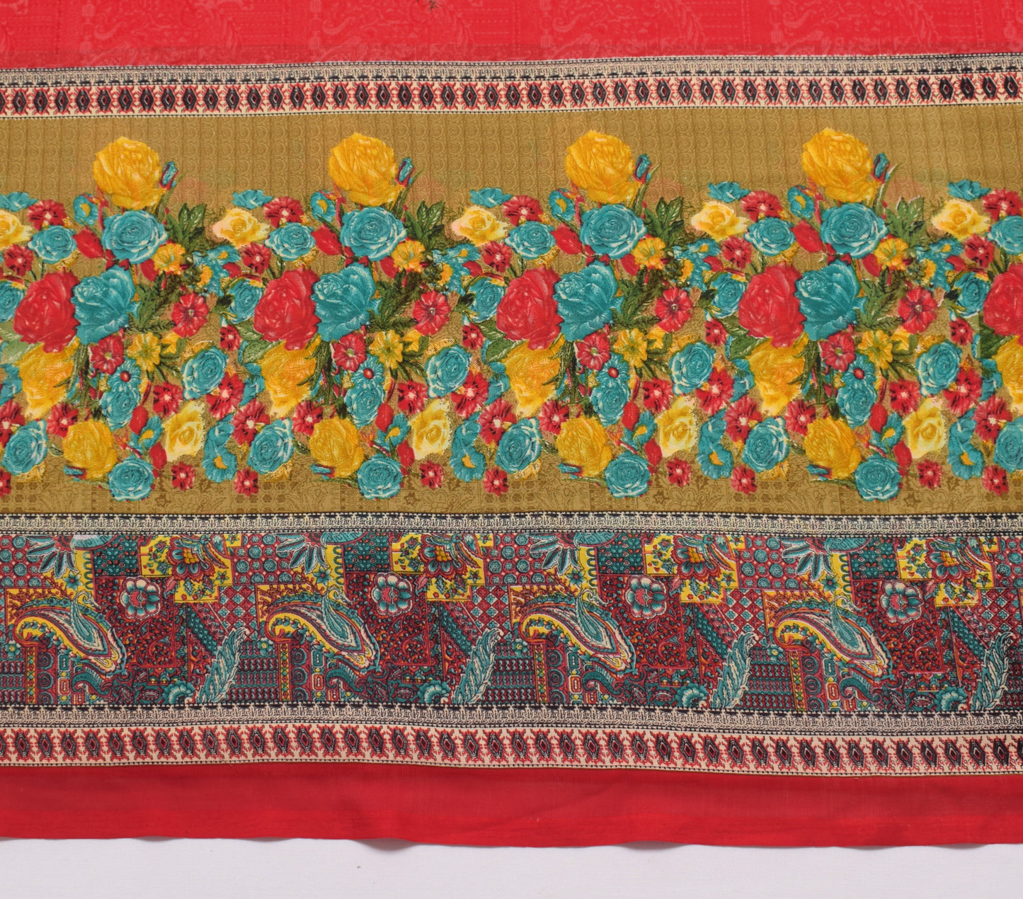 Sushila Vintage Red Saree Blend Georgette Silk Printed Floral Craft Fabric