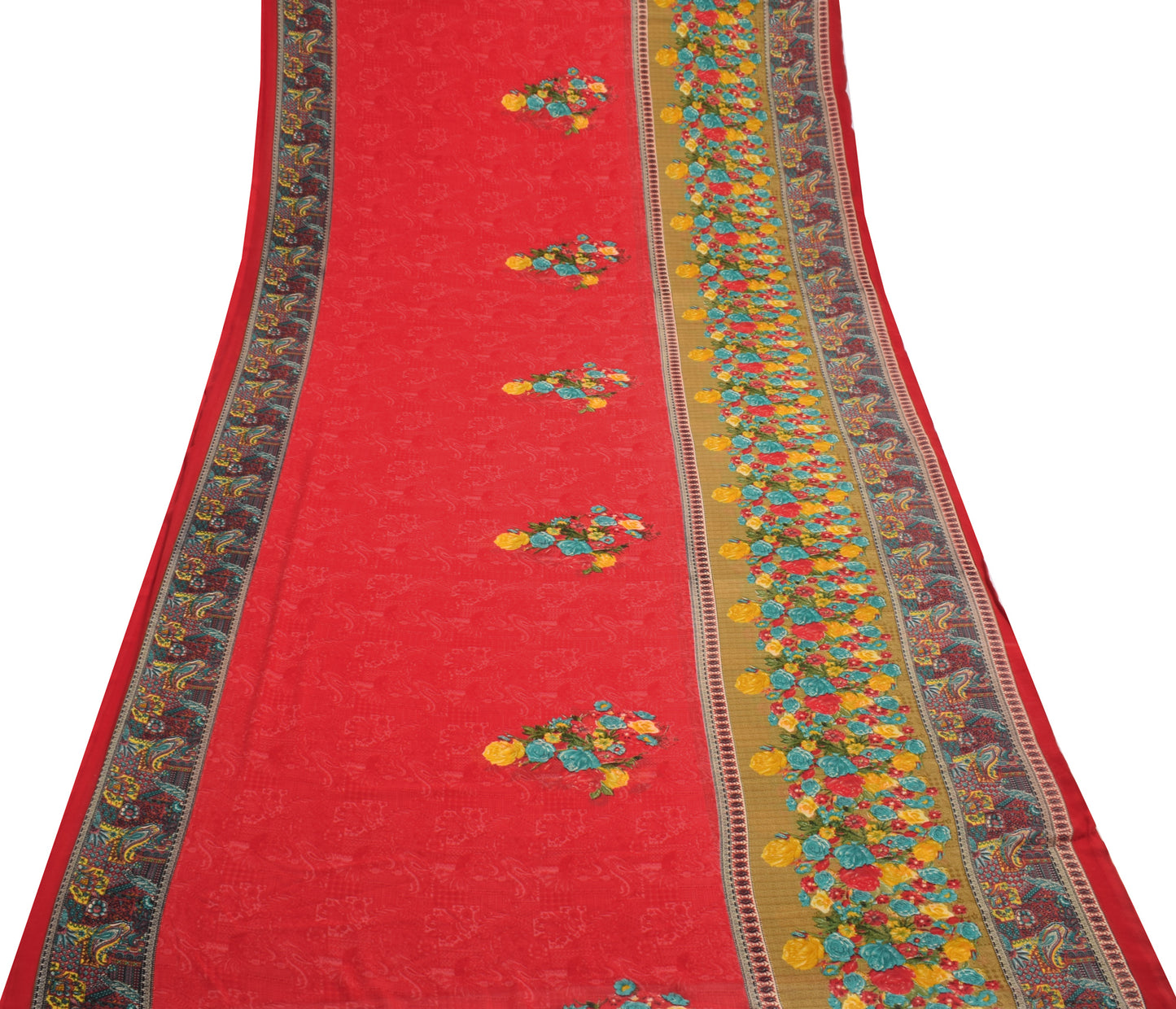 Sushila Vintage Red Saree Blend Georgette Silk Printed Floral Craft Fabric