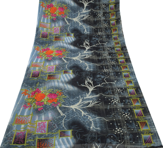 Sushila Vintage Gray Saree Blend Georgette Silk Printed Floral Craft Fabric