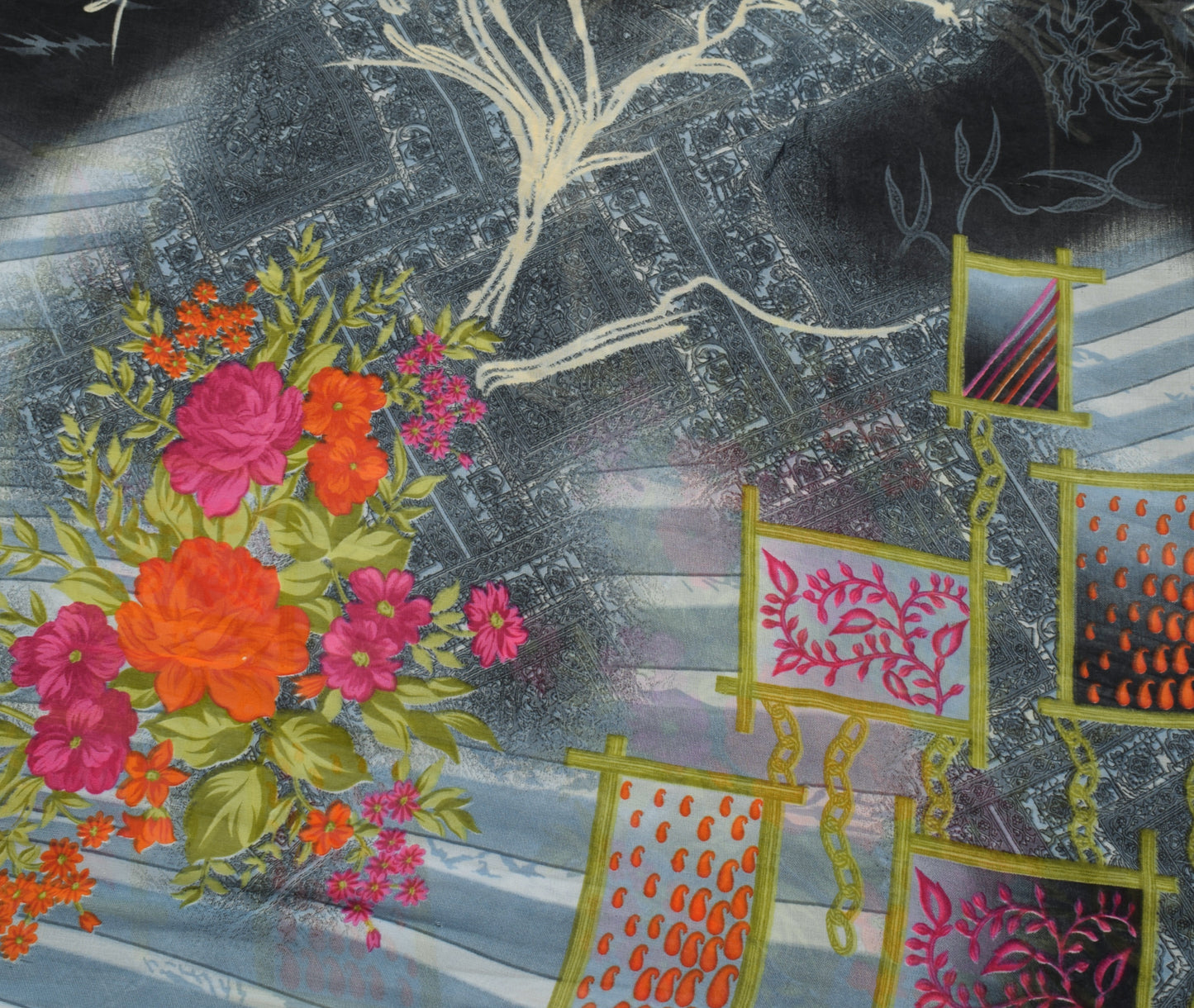 Sushila Vintage Gray Saree Blend Georgette Silk Printed Floral Craft Fabric