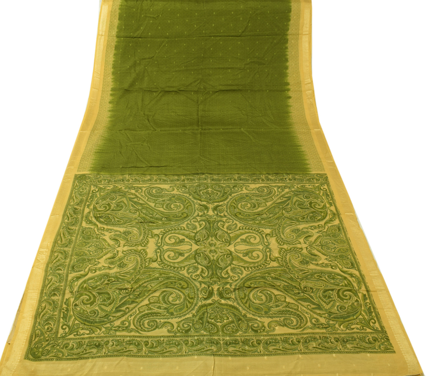 Sushila Vintage Green Saree 100% Pure Silk Printed Floral 5 YD Soft Craft Fabric
