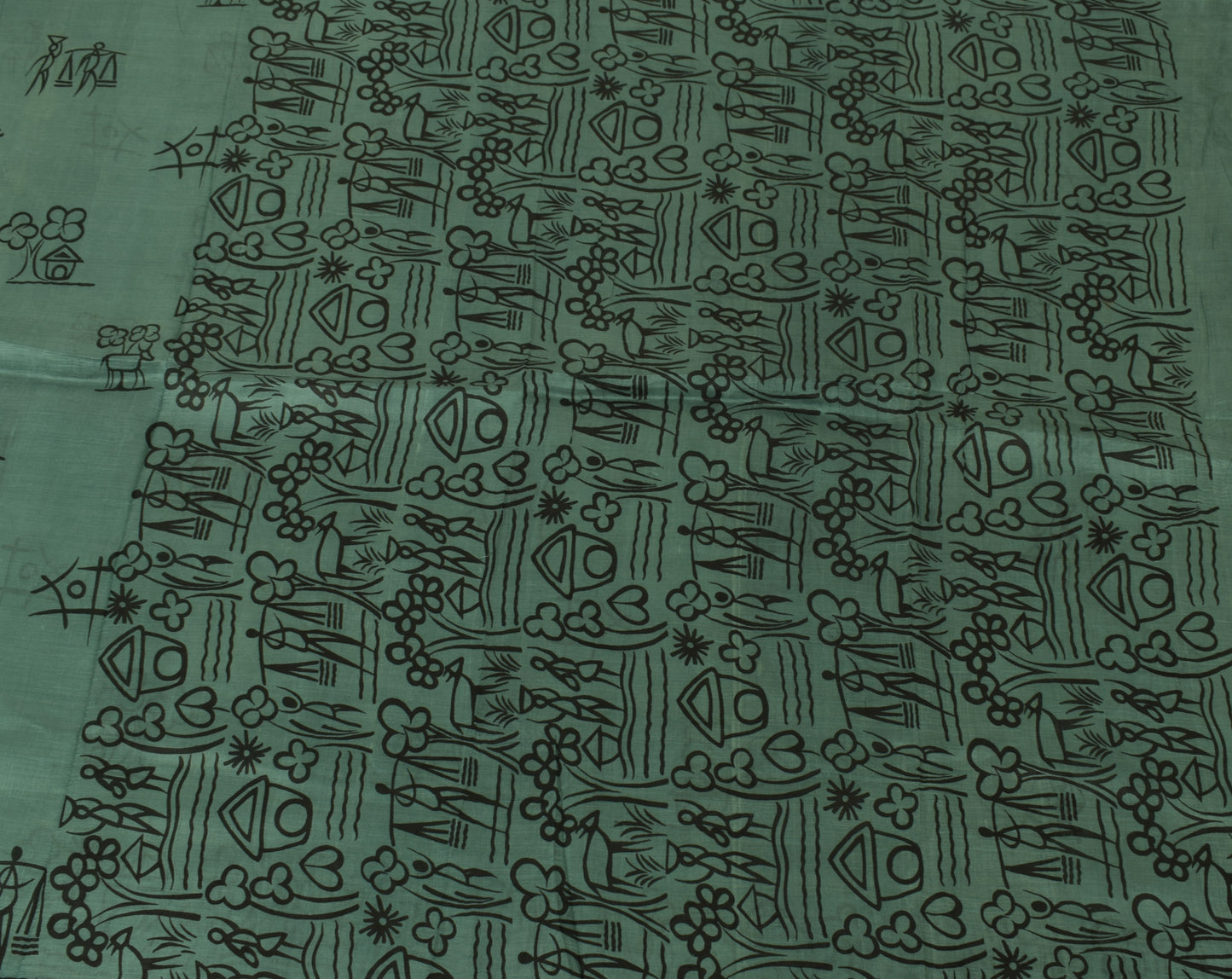 Sushila Vintage Gray Saree 100% Pure Silk Human & Hut Printed Soft Craft Fabric