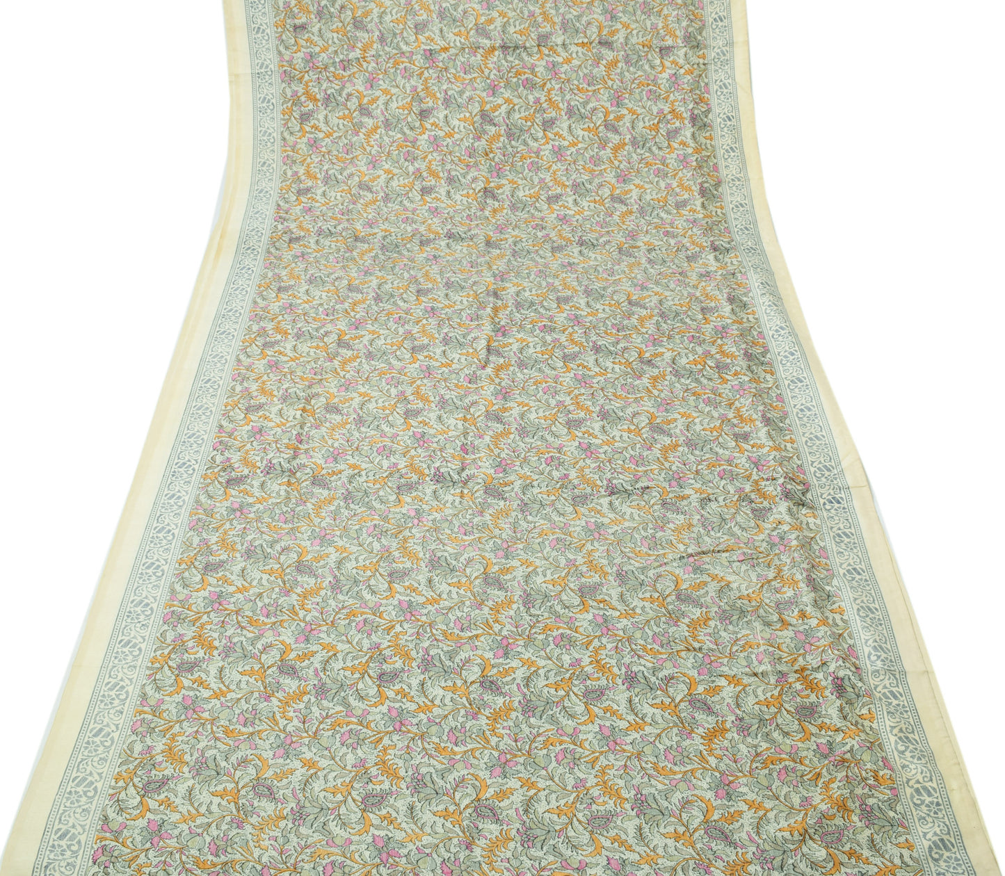 Sushila Vintage Cream Saree Blend Silk Printed Floral Soft Craft 5 Yard Fabric