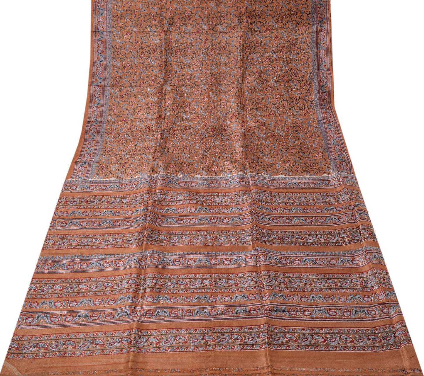 Sushila Vintage Brown Sari 100% Pure Silk Printed Birds Soft Craft 5 Yard Fabric