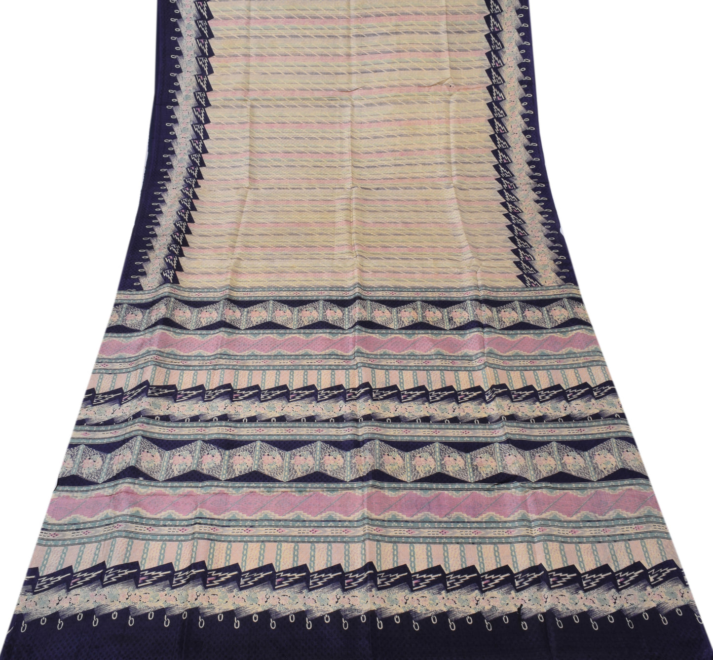 Sushila Vintage Cream Saree 100% Pure Silk Printed Indian Soft 5YD Craft Fabric