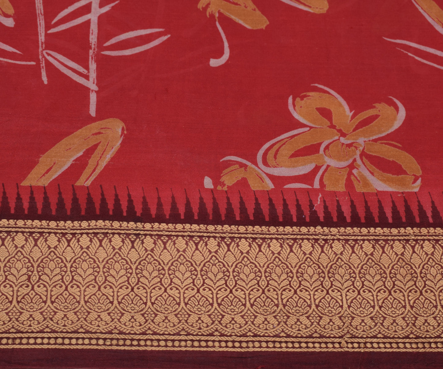 Sushila Vintage Red Saree 100% Pure Silk Printed & Woven Soft Craft 5 YD Fabric