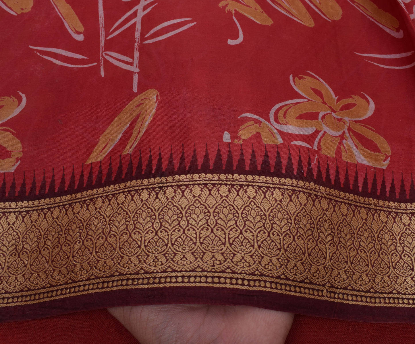 Sushila Vintage Red Saree 100% Pure Silk Printed & Woven Soft Craft 5 YD Fabric
