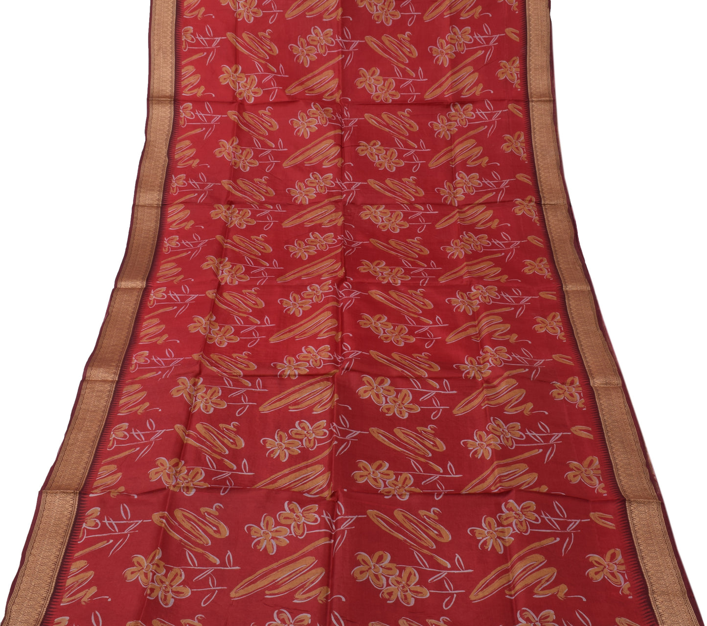 Sushila Vintage Red Saree 100% Pure Silk Printed & Woven Soft Craft 5 YD Fabric
