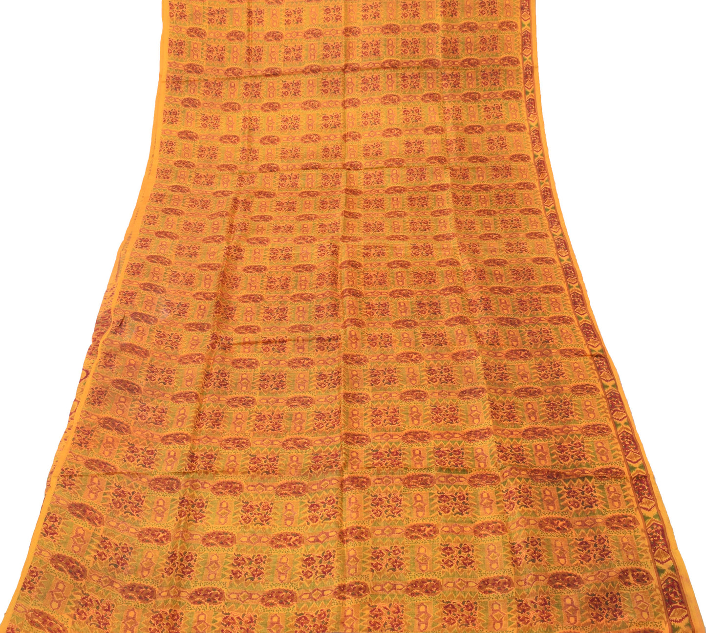Sushila Vintage Yellow Saree 100% Pure Silk Printed Floral Soft Craft Fabric