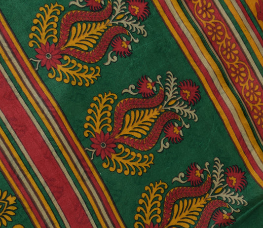 Sushila Vintage Green Saree 100% Pure Silk Printed Floral Soft Craft 5 YD Fabric
