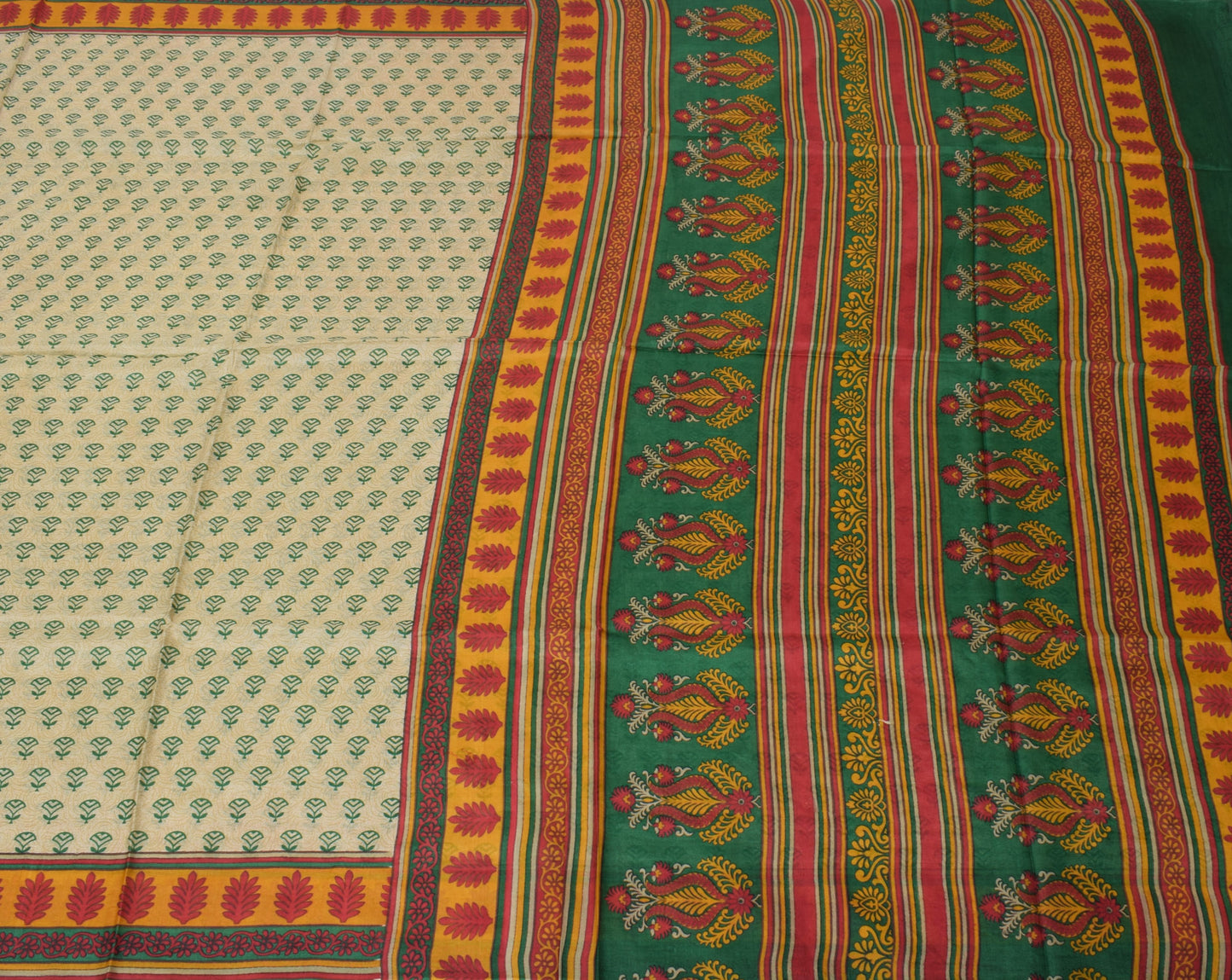 Sushila Vintage Green Saree 100% Pure Silk Printed Floral Soft Craft 5 YD Fabric