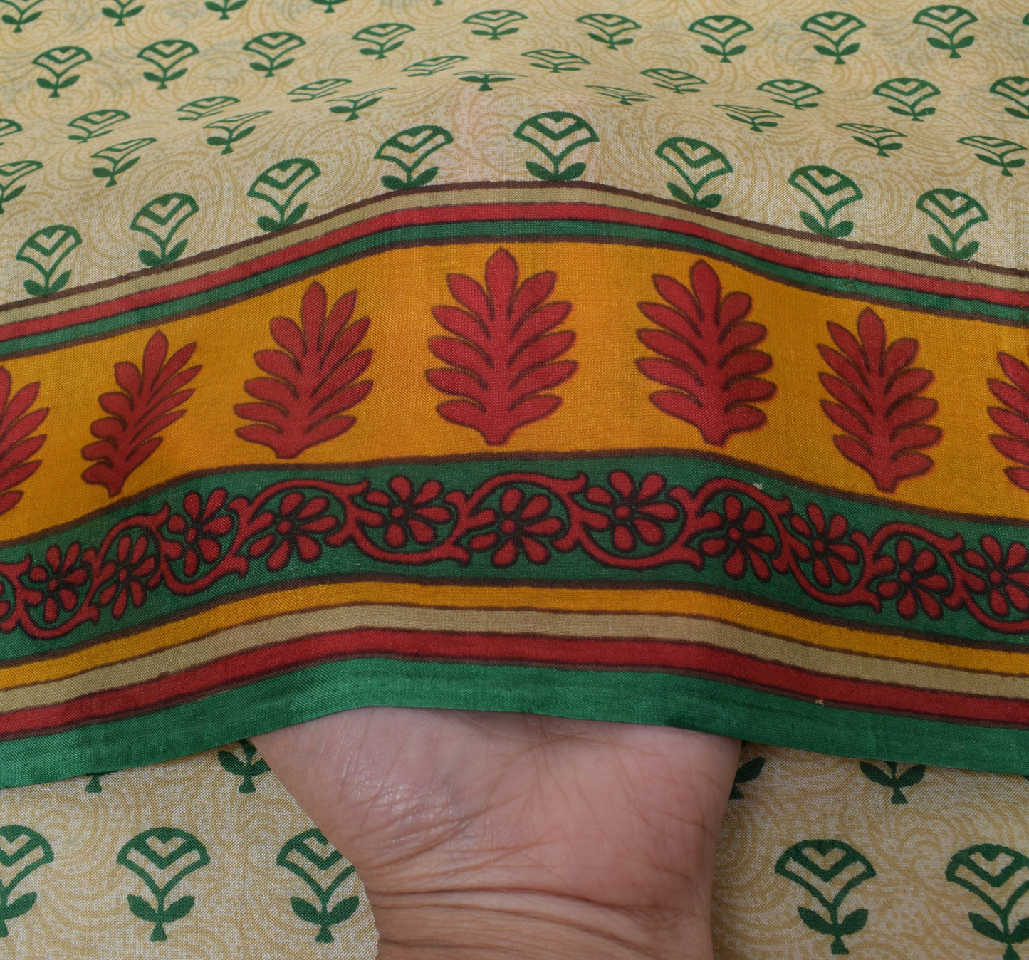Sushila Vintage Green Saree 100% Pure Silk Printed Floral Soft Craft 5 YD Fabric