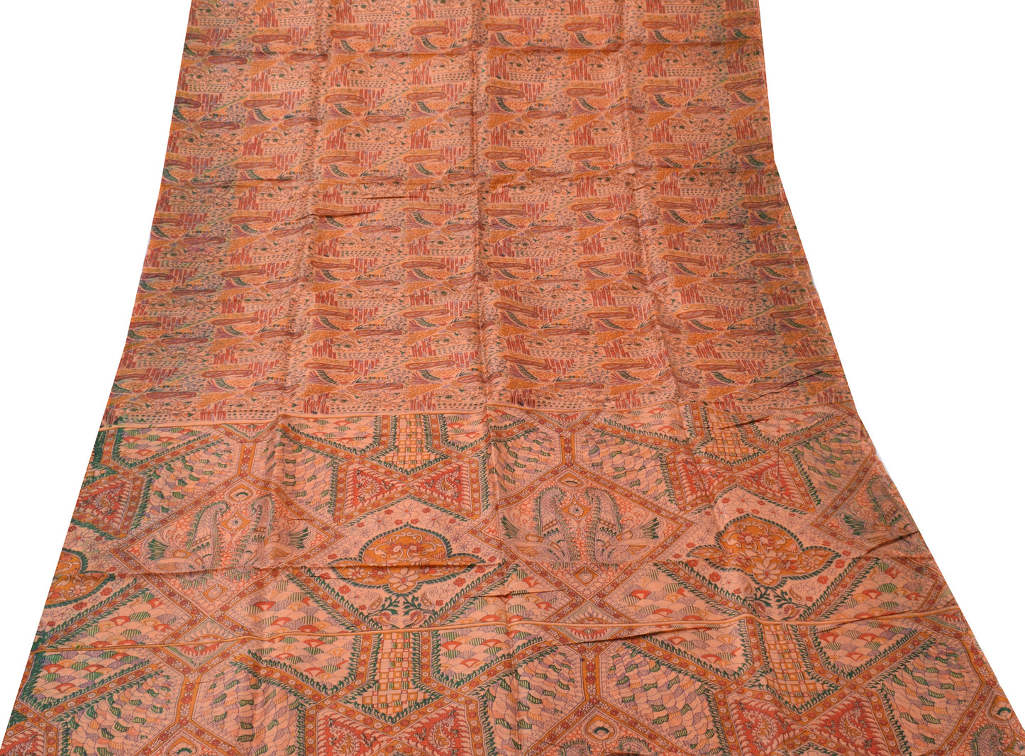 Sushila Vintage Peach Saree 100% Pure Silk Printed Floral Soft Craft 5 YD Fabric