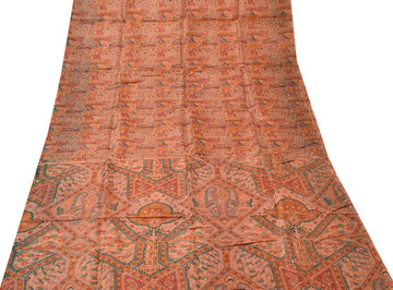 Sushila Vintage Peach Saree 100% Pure Silk Printed Floral Soft Craft 5 YD Fabric