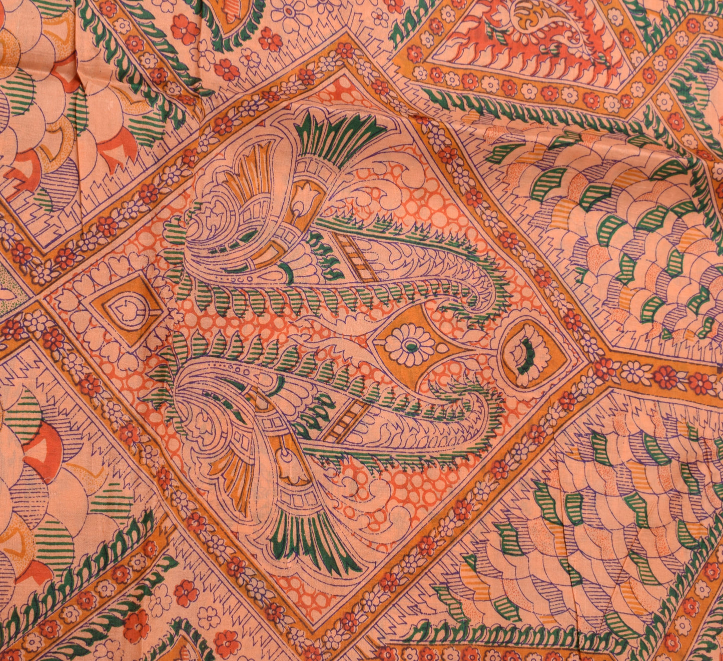 Sushila Vintage Peach Saree 100% Pure Silk Printed Floral Soft Craft 5 YD Fabric