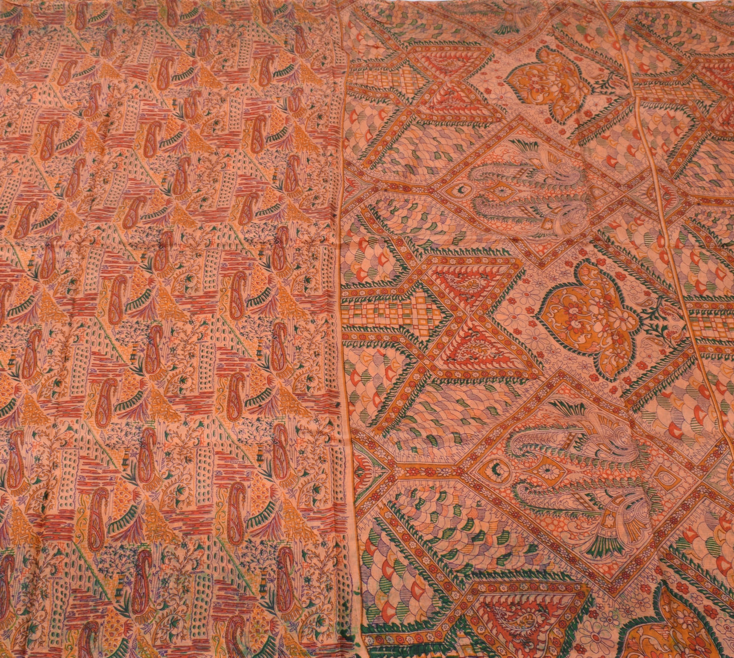 Sushila Vintage Peach Saree 100% Pure Silk Printed Floral Soft Craft 5 YD Fabric