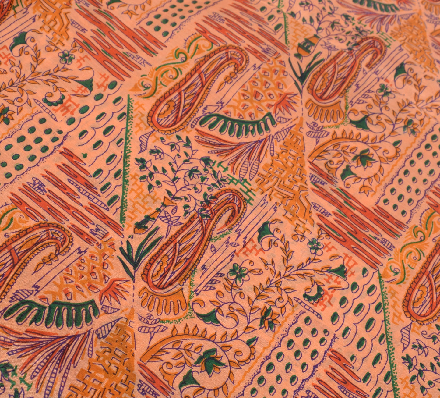 Sushila Vintage Peach Saree 100% Pure Silk Printed Floral Soft Craft 5 YD Fabric