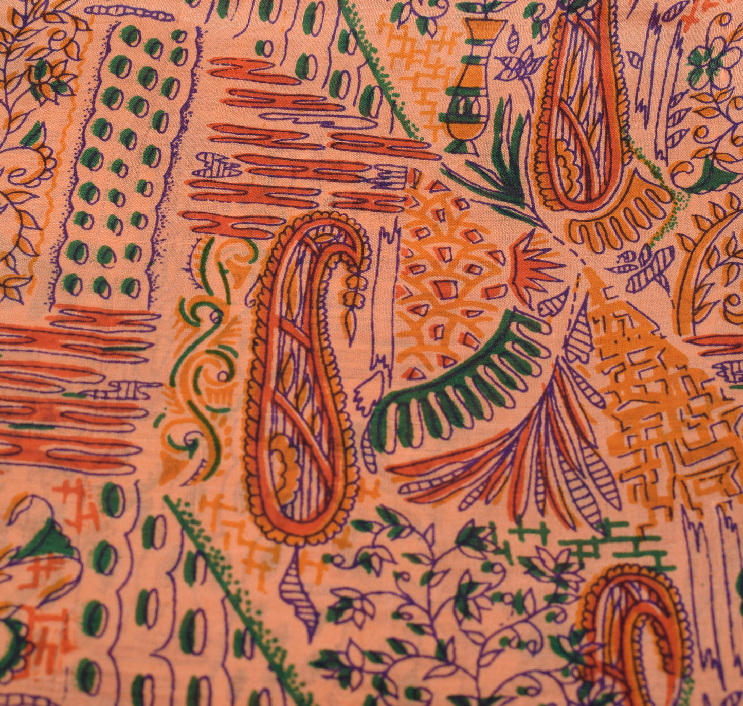 Sushila Vintage Peach Saree 100% Pure Silk Printed Floral Soft Craft 5 YD Fabric
