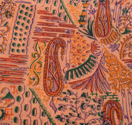 Sushila Vintage Peach Saree 100% Pure Silk Printed Floral Soft Craft 5 YD Fabric