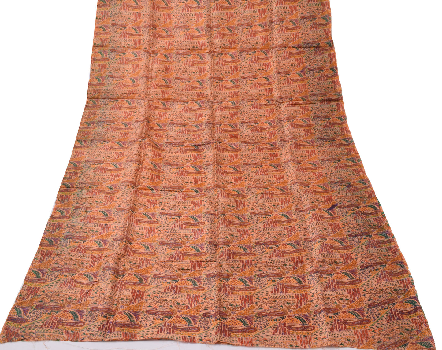 Sushila Vintage Peach Saree 100% Pure Silk Printed Floral Soft Craft 5 YD Fabric