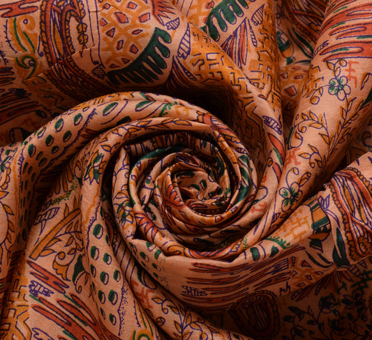 Sushila Vintage Peach Saree 100% Pure Silk Printed Floral Soft Craft 5 YD Fabric