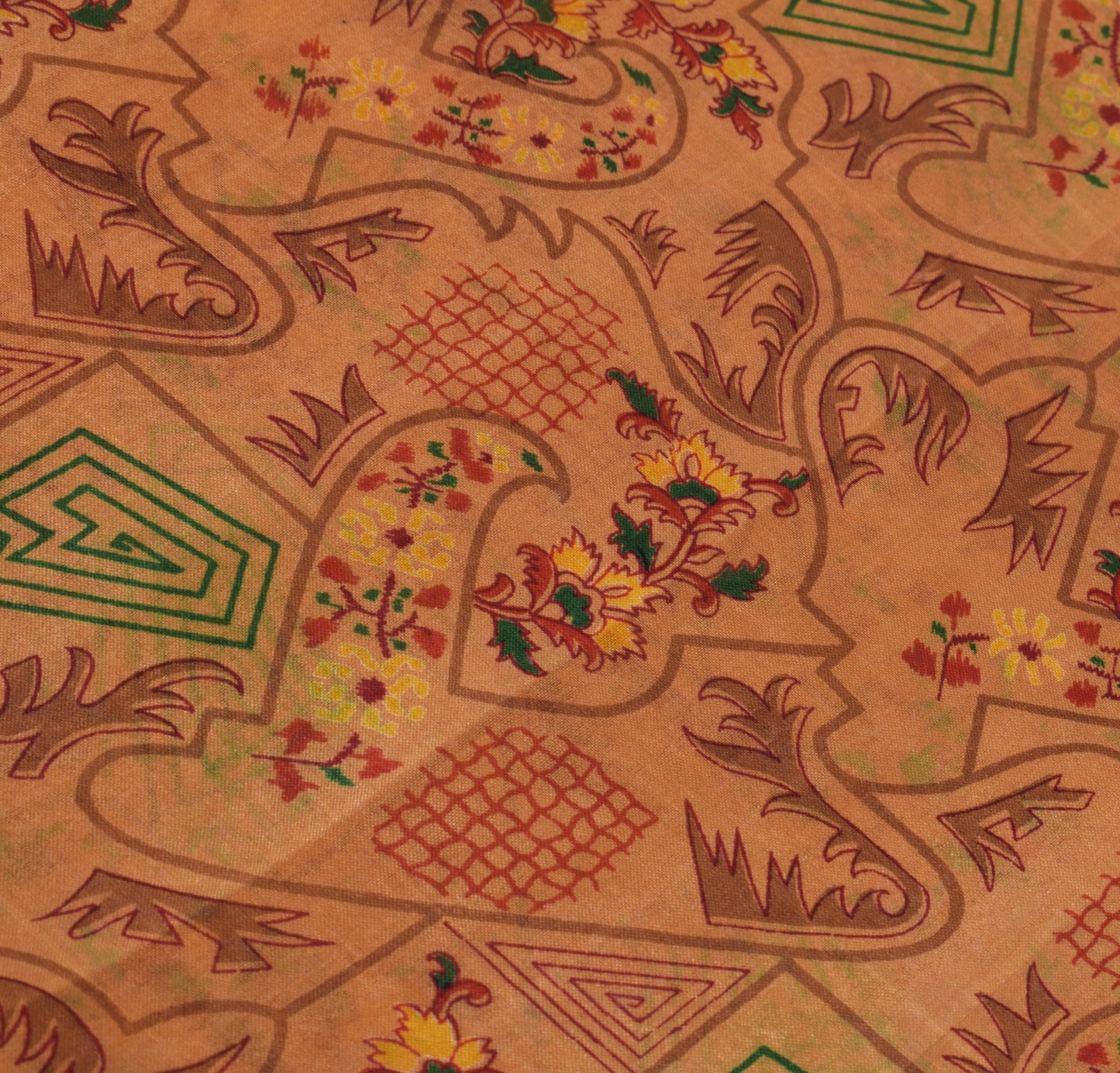 Sushila Vintage Brown Saree 100% Pure Silk Printed Floral Soft Craft 5 YD Fabric