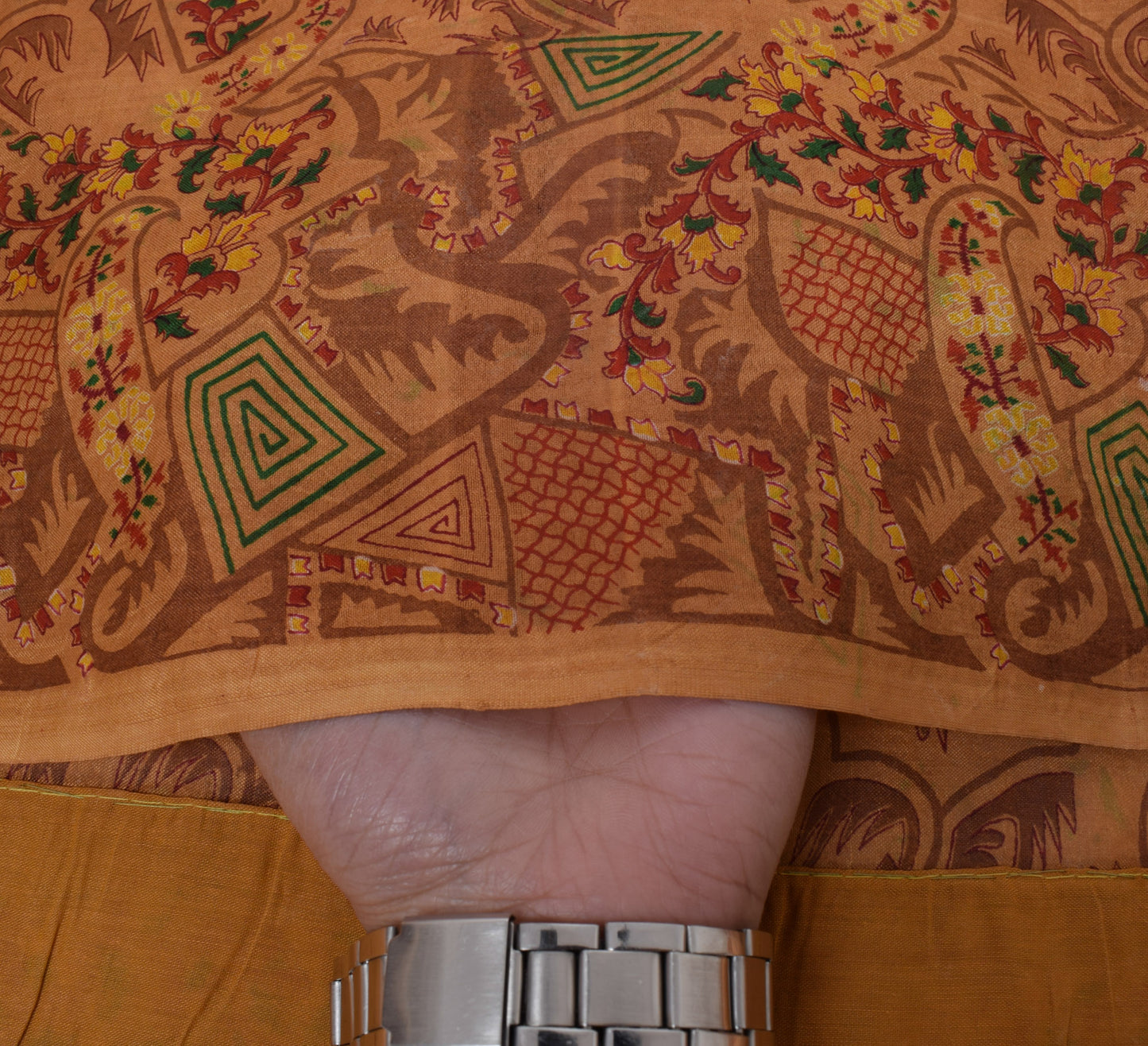 Sushila Vintage Brown Saree 100% Pure Silk Printed Floral Soft Craft 5 YD Fabric