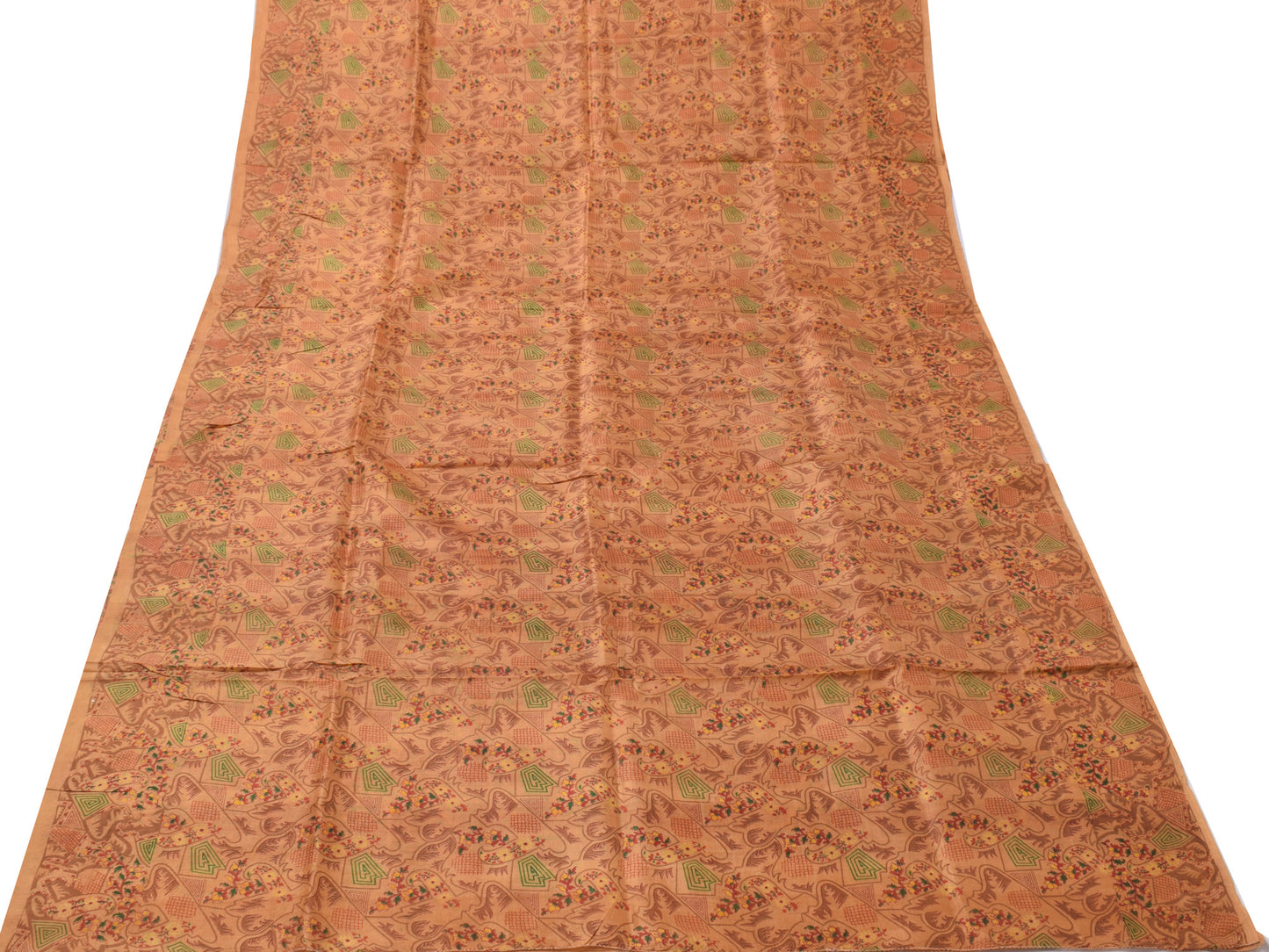 Sushila Vintage Brown Saree 100% Pure Silk Printed Floral Soft Craft 5 YD Fabric
