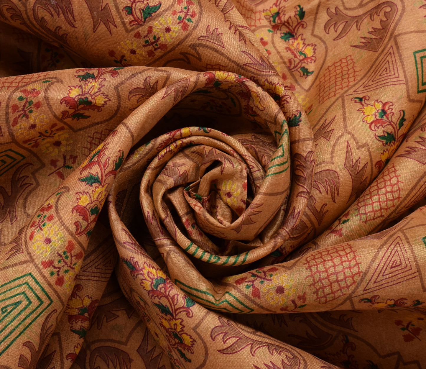 Sushila Vintage Brown Saree 100% Pure Silk Printed Floral Soft Craft 5 YD Fabric