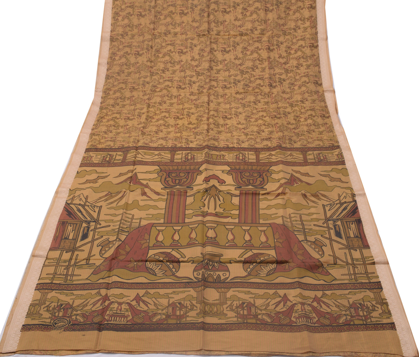 Sushila Vintage Green Saree 100% Pure Silk Printed Floral Soft Craft 5 YD Fabric